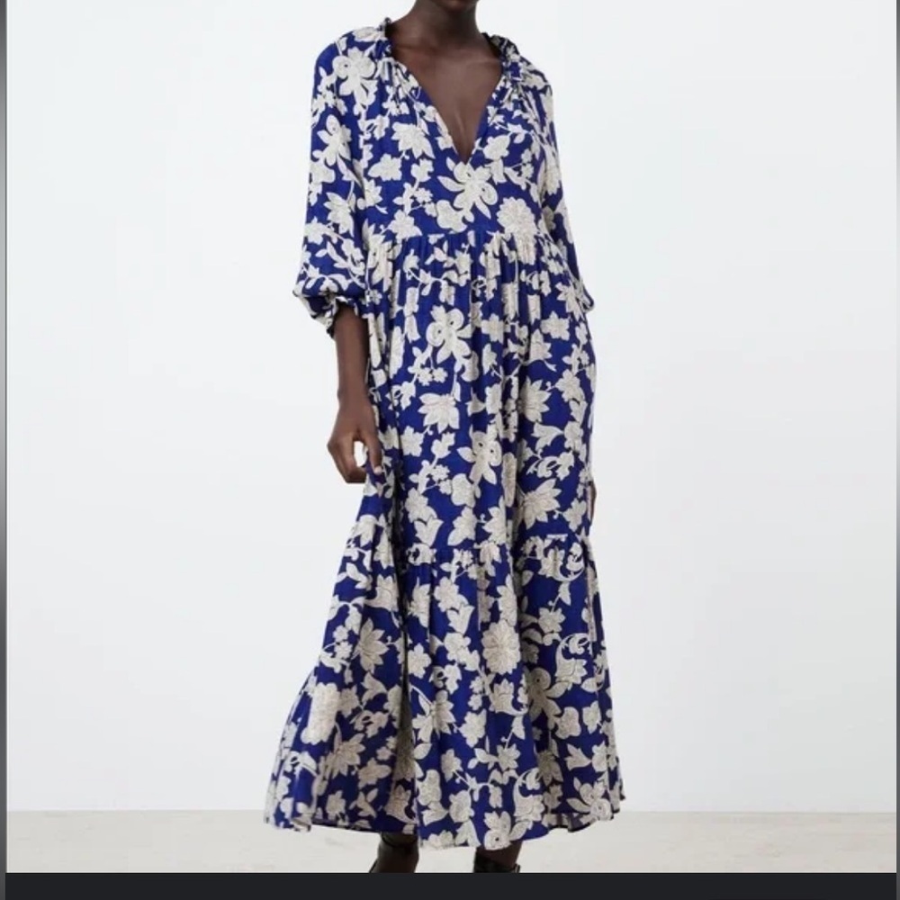 Zara Blue and White Floral Maxi Tiered Peasant Tent Dress. Size XS. Retail $100